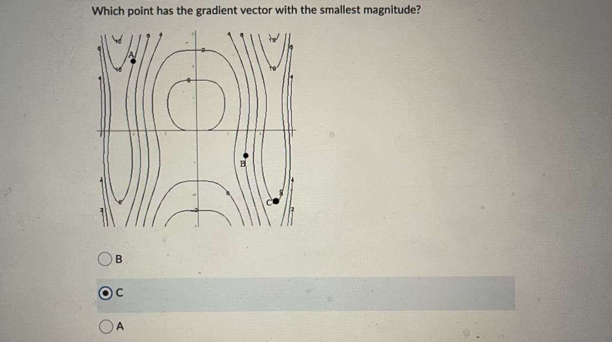 ## Gradient Vector Magnitude Analysis

### Question
Which point has the gradient vector with the smallest magnitude?

### Image Description
The image consists of a contour plot with labeled points A, B, and C. The contours represent some scalar field, with lines closer together indicating regions of higher gradient (steeper slopes), and lines further apart representing regions of lower gradient (gentler slopes).

#### Contour Plot Details
- **Point A** is positioned on the left side of the plot within a region where the contour lines are densely packed.
- **Point B** is located toward the center-right of the plot where the contour lines are moderately spaced.
- **Point C** is on the right side of the plot, situated within a region where the contour lines are spaced far apart.

### Analysis
- **Point A**: The density of the contour lines at this point implies a high gradient magnitude.
- **Point B**: The contour lines are closer than at point C but not as dense as at point A, indicating a moderate gradient magnitude.
- **Point C**: The widely spaced contour lines suggest the smallest gradient magnitude.

### Conclusion
The point with the gradient vector of the smallest magnitude is most likely to be **Point C**.

### Answer Options
- ⭕ B
- 