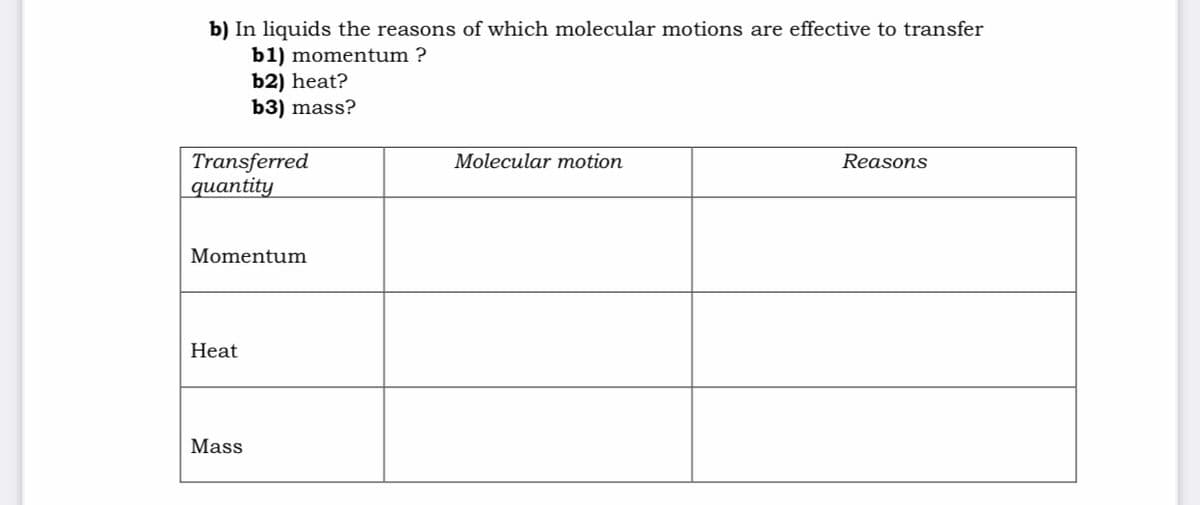 b) In liquids the reasons of which molecular motions are effective to transfer
b1) momentum ?
b2) heat?
b3) mass?
Molecular motion
Transferred
диantity
Reasons
Momentum
Heat
Mass
