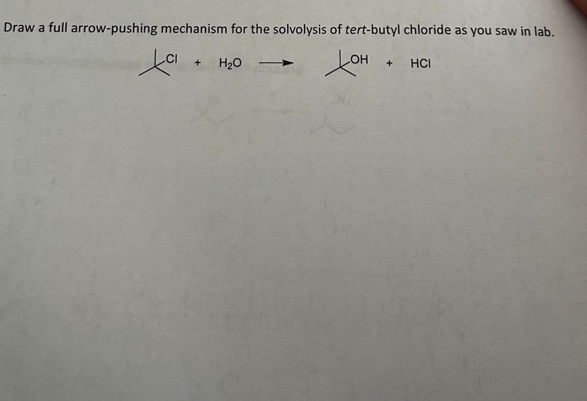 ### Solvolysis of tert-Butyl Chloride

**Objective:**
Draw a full arrow-pushing mechanism for the solvolysis of tert-butyl chloride as observed in the laboratory.

**Reaction:**
\[ \text{tert-butyl chloride} (\text{C}_4\text{H}_9\text{Cl}) + \text{H}_2\text{O} \rightarrow \text{tert-butyl alcohol} (\text{C}_4\text{H}_9\text{OH}) + \text{HCl} \]

**Chemical Equation:**
\[ \begin{array}{c@{}c@{}c@{}c@{}c@{}c}
& & & | \\
\text{Cl} & - & \text{C} & \left( \begin{matrix}
| \\
\text{C} \\
| \end{matrix} \right) & + & \text{H}_2\text{O} &
\rightarrow \\
& & & | & & & \\
& & | & \\
& \text{OH} & - & \text{C} & \left( \begin{matrix}
| \\
\text{C} \\
| \end{matrix} \right) & + & \text{HCl}
\end{array} \]

**Mechanism:**
1. **Formation of the Carbocation:**
   - The chloride ion (Cl⁻) leaves the tert-butyl chloride molecule via heterolytic cleavage. 
   - This creates a tert-butyl carbocation (a tertiary carbocation) which is highly stabilized due to hyperconjugation and inductive effects from the surrounding alkyl groups.
   
   **Step Illustration:**
   \[ (\text{CH}_3)_3\text{C-Cl} \rightarrow (\text{CH}_3)_3\text{C}^+ + \text{Cl}^-\]

2. **Nucleophilic Attack by Water:**
   - Water (H₂O), acting as a nucleophile, attacks the positively charged carbon center of the tert-butyl carbocation.
   - This attack leads to the formation of an oxonium ion (protonated alcohol).

   **Step Illustration:**
   \[ (\text{CH}_3)_3\text{C}^+ + \text{H}_2