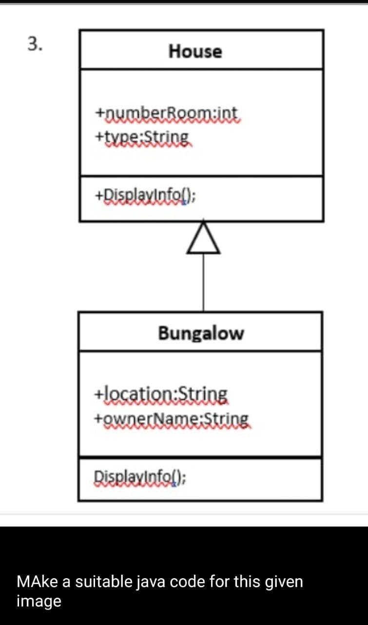 3.
House
+numberRoom:int
+type:String
+DisplayInfo();
Bungalow
+location:String
+ownerName:String
DisplayInfo();
MAke a suitable java code for this given
image