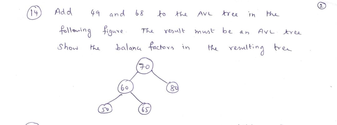 (14
Add
49 and
68
to
tree
the
the
AVL
in
following figure
The
result
must be
AVL
tree
an
Show
balanu factoras in
the resulting tree
the
70
60
