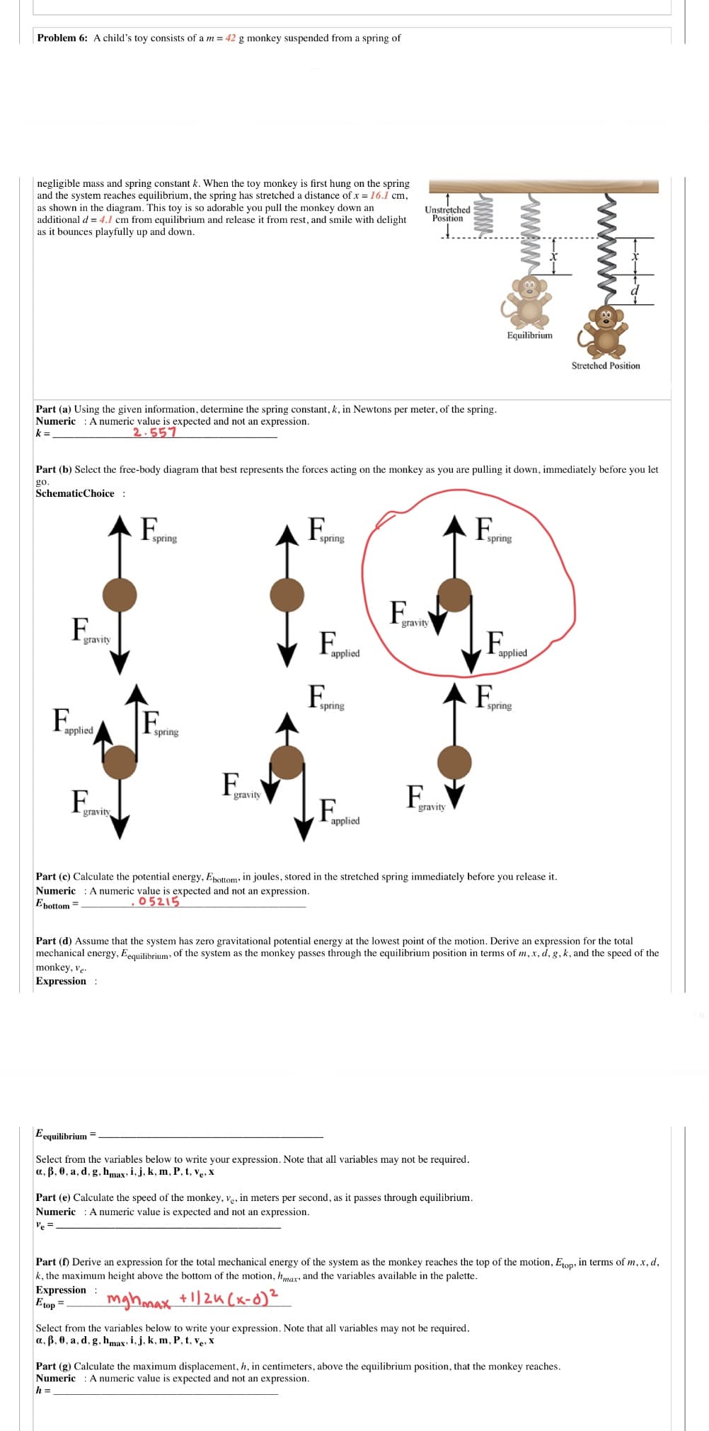 Problem 6: A child's toy consists of a m = 42 g monkey suspended from a spring of
negligible mass and spring constant k. When the toy monkey is first hung on the spring
and the system reaches equilibrium, the spring has stretched a distance of x = 16.1 cm,
as shown in the diagram. This toy is so adorable you pull the monkey down an
additional d = 4.1 cm from equilibrium and release it from rest, and smile with delight
as it bounces playfully up and down.
Unstretched
Position
Equilibrium
Stretched Position
Part (a) Using the given information, determine the spring constant, k, in Newtons per meter, of the spring.
Numeric : A numeric value is expected and not an expression.
k =
2.557
Part (b) Select the free-body diagram that best represents the forces acting on the monkey as you are pulling it down, immediately before you let
go.
SchematicChoice :
F.
AF,
spring
spring
spring
F.
F.
F
gravity
.F
applied
applied
F,
A F
spring
spring
F.
Fopplied
spring
F
E.
gravity
F.
gravit
gravity
applied
Part (c) Calculate the potential energy, Epottom, in joules, stored in the stretched spring immediately before you release it.
Numeric : A numeric value is expected and not an expression.
Epottom =
05215
Part (d) Assume that the system has zero gravitational potential energy at the lowest point of the motion. Derive an expression for the total
mechanical energy, Eequilibrium- of the system as the monkey passes through the equilibrium position in terms of m, x, d, g, k, and the speed of the
monkey, ve-
Expression :
Eequilibrium =
Select from the variables below to write your expression. Note that all variables may not be required.
a, B, 0, a, d, g, h,max, i, j, k, m, P, t, ve, X
Part (e) Calculate the speed of the monkey, ve, in meters per second, as it passes through equilibrium.
Numeric : A numeric value is expected and not an expression.
Ve =
Part (f) Derive an expression for the total mechanical energy of the system as the monkey reaches the top of the motion, Eop; in terms of m, x, d,
k, the maximum height above the bottom of the motion, hmar, and the variables available in the palette.
Expression :
Etop =
mghmax +1)2u (x-d)?
Select from the variables below to write your expression. Note that all variables may not be required.
a, ß, 0, a, d, g, hmax, i, j, k, m, P, t, ve, x
Part (g) Calculate the maximum displacement, h, in centimeters, above the equilibrium position, that the monkey reaches.
Numeric : A numeric value is expected and not an expression.
h =
