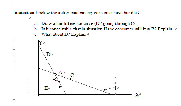 In situation I below the utility maximizing consumer buys bundle C.
tttttttt
+
tttt
a. Draw an indifference curve (IC) going through C+
b. Is it conceivable that in situation II the consumer will buy B? Explain.
c. What about D? Explain.
Y+
D.
II
A
BA
C+
XN
+