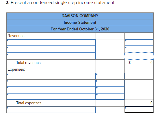 2. Present a condensed single-step income statement.
DAVISON COMPANY
Income Statement
For Year Ended October 31, 2020
Revenues:
Total revenues
Expenses:
Total expenses
