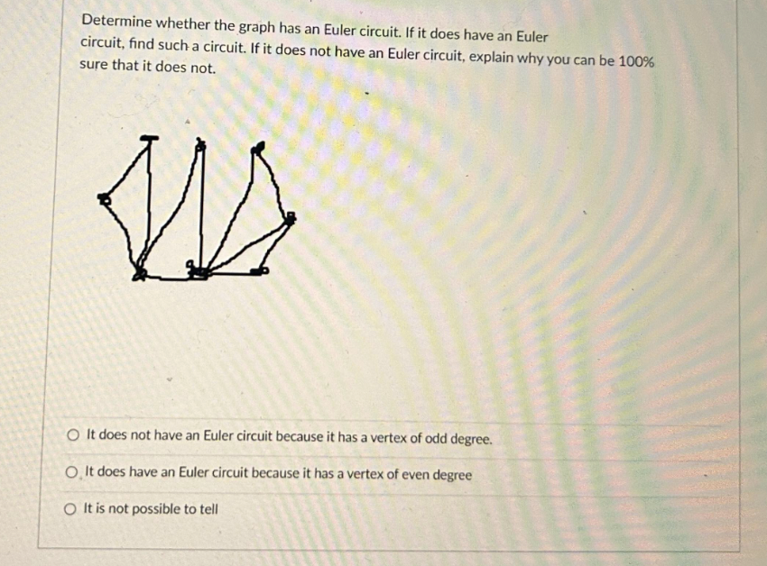 Determine whether the graph has an Euler circuit. If it does have an Euler
circuit, find such a circuit. If it does not have an Euler circuit, explain why you can be 100%
sure that it does not.
Mus
O It does not have an Euler circuit because it has a vertex of odd degree.
O. It does have an Euler circuit because it has a vertex of even degree
O It is not possible to tell