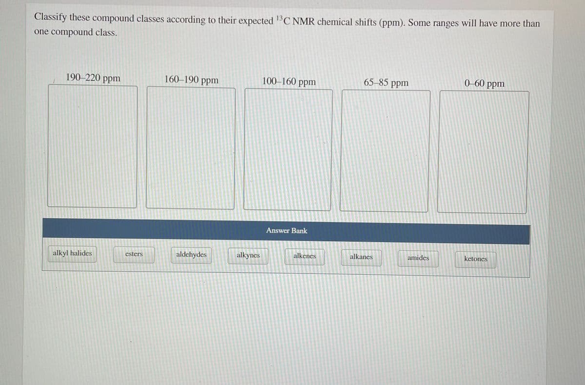 Classify these compound classes according to their expected 13C NMR chemical shifts (ppm). Some ranges will have more than
one compound class.
190–220 ppm
160-190 ppm
100–160 ppm
65–85 ppm
0-60 ppm
Answer Bank
aldehydes
alkynes
alkenes
alkanes
amides
ketones
alkyl halides
esters
