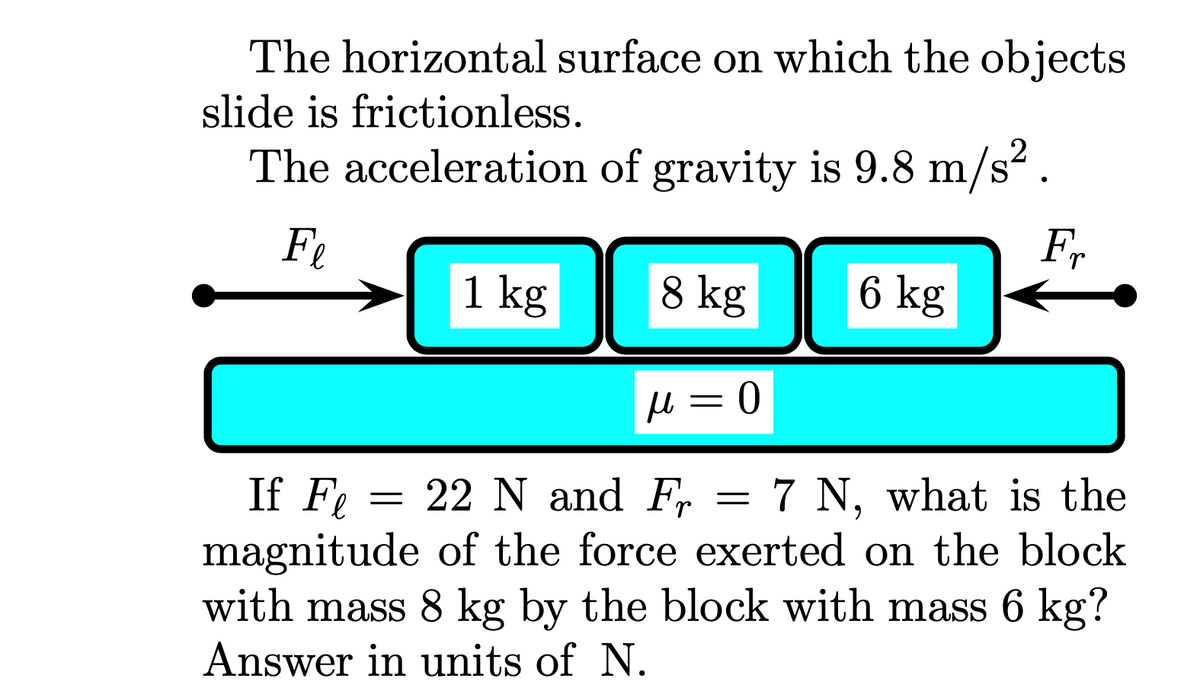 The horizontal surface on which the objects
slide is frictionless.
The acceleration of gravity is 9.8 m/s2.
Fe
F,
1 kg
8 kg
6 kg
l =D0
If Fe = 22 N and F, = 7 N, what is the
magnitude of the force exerted on the block
with mass 8 kg by the block with mass 6 kg?
Answer in units of N.
