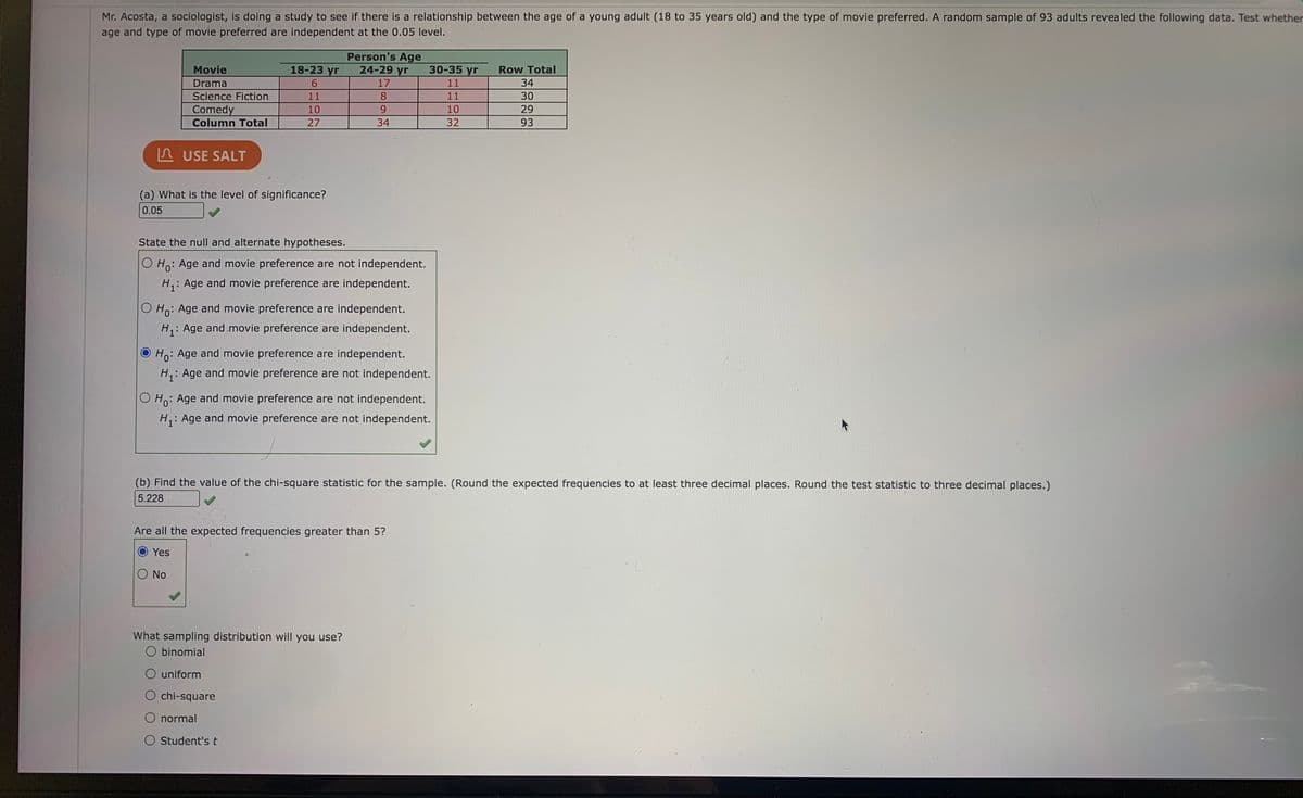 Mr. Acosta, a sociologist, is doing a study to see if there is a relationship between the age of a young adult (18 to 35 years old) and the type of movie preferred. A random sample of 93 adults revealed the following data. Test whether
age and type of movie preferred are independent at the 0.05 level.
Person's Age
24-29 yr
Movie
18-23 yr
30-35 yг
Row Total
Drama
17
11
34
Science Fiction
11
8
11
30
29
Comedy
Column Total
10
10
27
34
32
93
A USE SALT
(a) What is the level of significance?
0.05
State the null and alternate hypotheses.
O H: Age and movie preference are not independent.
: Age and movie preference are independent.
O Ho: Age and movie preference are independent.
H: Age and .movie preference are independent.
O Ho: Age and movie preference are independent.
H,: Age and movie preference are not independent.
O Ho: Age and movie preference are not independent.
H,: Age and movie preference are not independent.
(b) Find the value of the chi-square statistic for the sample. (Round the expected frequencies to at least three decimal places. Round the test statistic to three decimal places.)
5.228
Are all the expected frequencies greater than 5?
Yes
No
What sampling distribution will you use?
O binomial
O uniform
O chi-square
O normal
O Student'st
