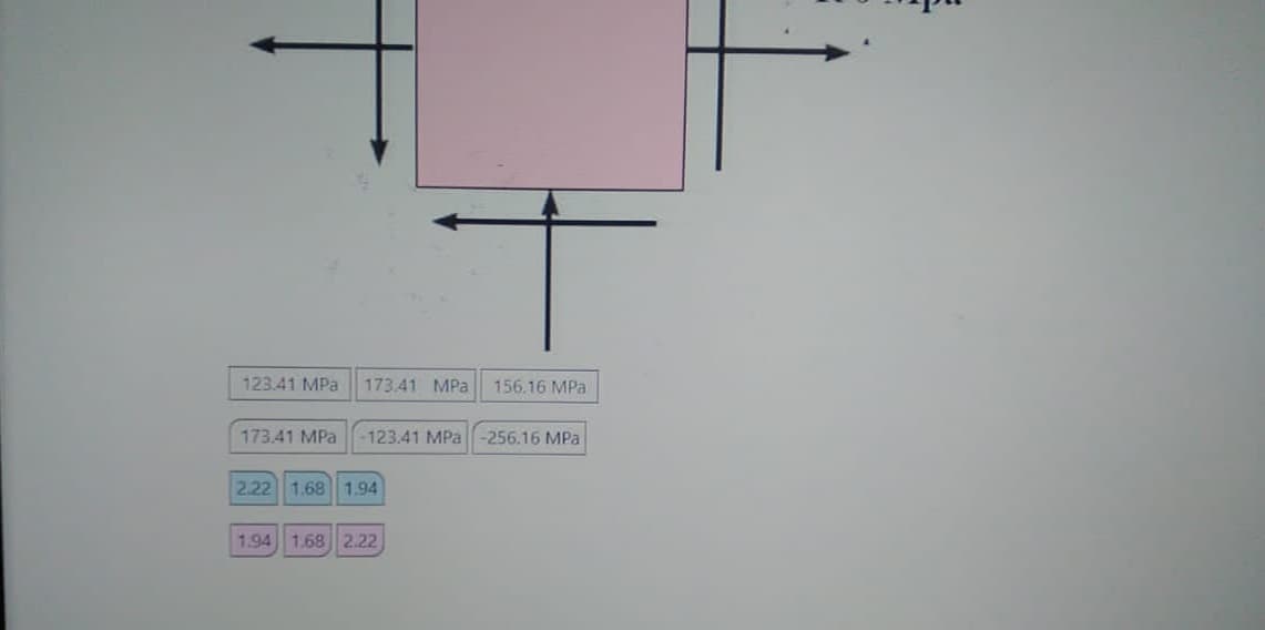 123.41 MPa 173.41 MPa 156.16 MPa
173.41 MPa -123.41 MPa -256.16 MPa
2.22 1.68 1.94
1.94 1.68 2.22