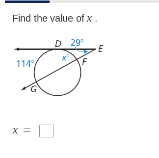 Find the value of x.
114%
X =
D 29°
to
F
E