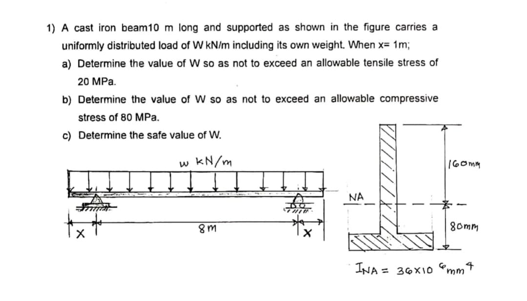 1) A cast iron beam10 m long and supported as shown in the figure carries a
uniformly distributed load of W kN/m including its own weight. When x= 1m;
a) Determine the value of W so as not to exceed an allowable tensile stress of
20 MPa.
b) Determine the value of W so as not to exceed an allowable compressive
stress of 80 MPa.
c) Determine the safe value of W.
w kN/m
160mm
NA
80mm
INA = 36X10 ®mm4
