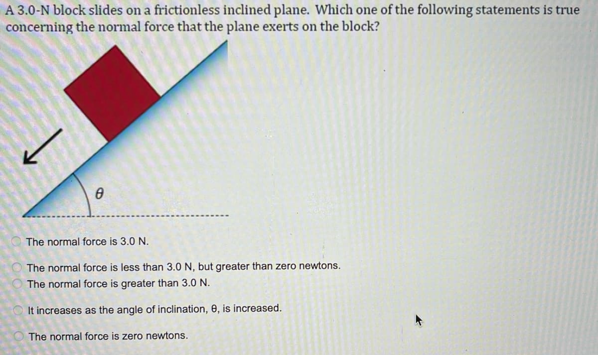 A 3.0-N block slides on a frictionless inclined plane. Which one of the following statements is true
concerning the normal force that the plane exerts on the block?
Ø
The normal force is 3.0 N.
The normal force is less than 3.0 N, but greater than zero newtons.
The normal force is greater than 3.0 N.
It increases as the angle of inclination, 0, is increased.
The normal force is zero newtons.