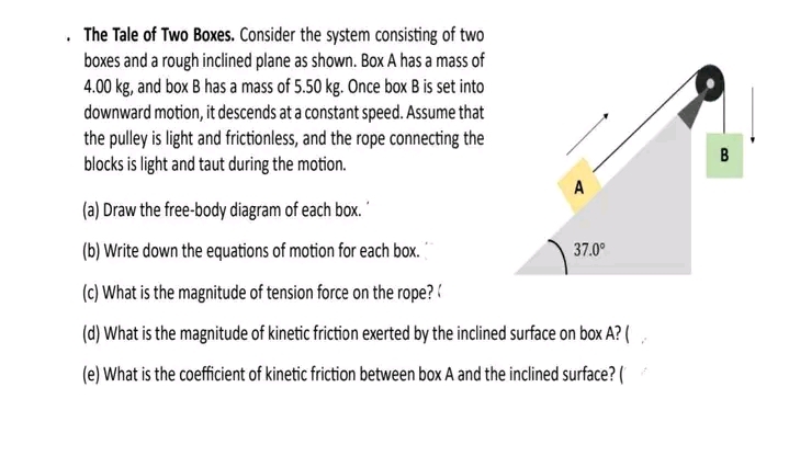 . The Tale of Two Boxes. Consider the system consisting of two
boxes and a rough inclined plane as shown. Box A has a mass of
4.00 kg, and box B has a mass of 5.50 kg. Once box B is set into
downward motion, it descends at a constant speed. Assume that
the pulley is light and frictionless, and the rope connecting the
blocks is light and taut during the motion.
A
(a) Draw the free-body diagram of each box.
(b) Write down the equations of motion for each box.
(c) What is the magnitude of tension force on the rope? (
(d) What is the magnitude of kinetic friction exerted by the inclined surface on box A? (
(e) What is the coefficient of kinetic friction between box A and the inclined surface? (
37.0⁰
B