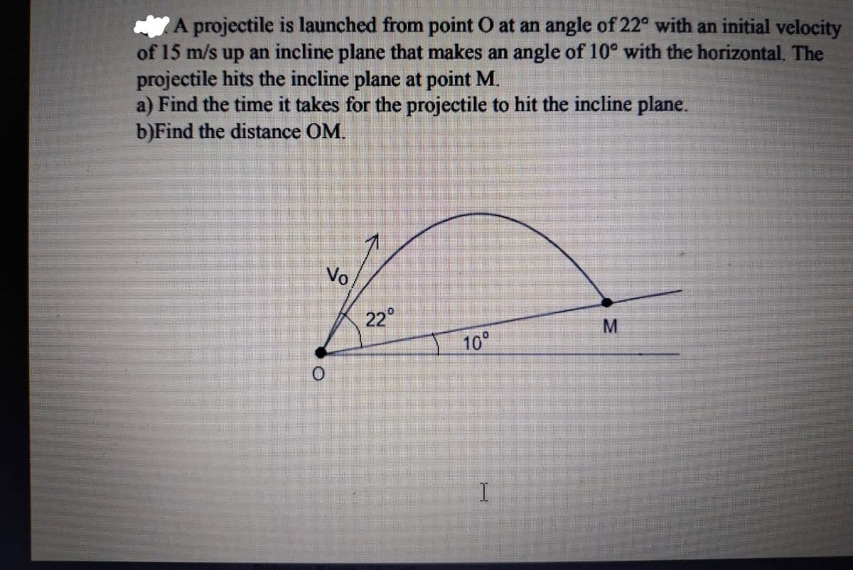 A projectile is launched from point O at an angle of 22° with an initial velocity
of 15 m/s up an incline plane that makes an angle of 10° with the horizontal. The
projectile hits the incline plane at point M.
a) Find the time it takes for the projectile to hit the incline plane.
b)Find the distance OM.
Vo,
22°
M
10°
I.
