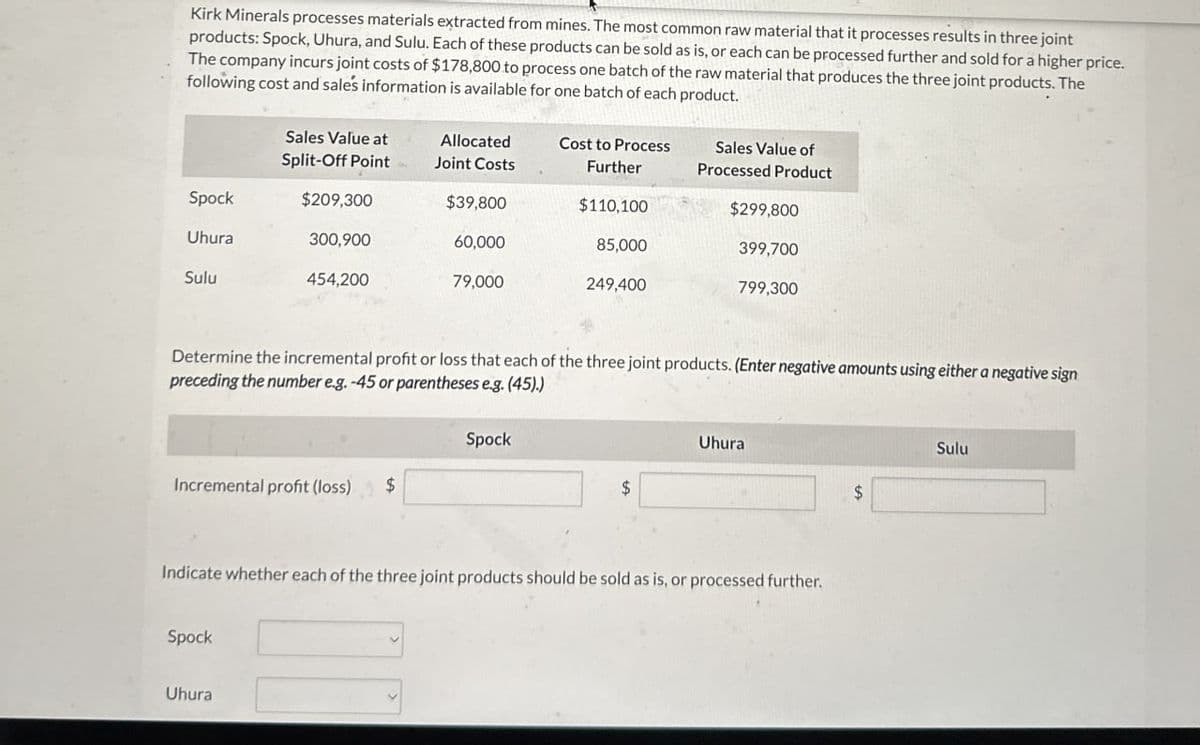 Kirk Minerals processes materials extracted from mines. The most common raw material that it processes results in three joint
products: Spock, Uhura, and Sulu. Each of these products can be sold as is, or each can be processed further and sold for a higher price.
The company incurs joint costs of $178,800 to process one batch of the raw material that produces the three joint products. The
following cost and sales information is available for one batch of each product.
Sales Value of
Processed Product
Sales Value at
Split-Off Point
Allocated
Joint Costs
Cost to Process
Further
Spock
$209,300
$39,800
$110,100
$299,800
Uhura
300,900
60,000
85,000
399,700
Sulu
454,200
79,000
249,400
799,300
Determine the incremental profit or loss that each of the three joint products. (Enter negative amounts using either a negative sign
preceding the number e.g. -45 or parentheses e.g. (45).)
Spock
Incremental profit (loss)
$
Uhura
Sulu
$
Indicate whether each of the three joint products should be sold as is, or processed further.
Spock
Uhura