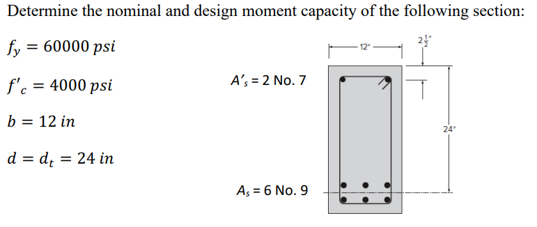 Determine the nominal and design moment capacity of the following section:
fy
= 60000 psi
24
f'c = 4000 psi
A's = 2 No. 7
b = 12 in
24
d = d; = 24 in
As = 6 No. 9
