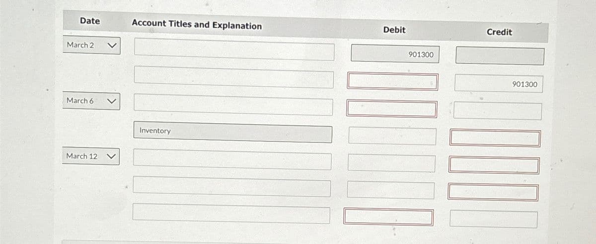 Date
March 2
March 6
March 12
Account Titles and Explanation
Inventory
Debit
901300
Credit
901300
2000