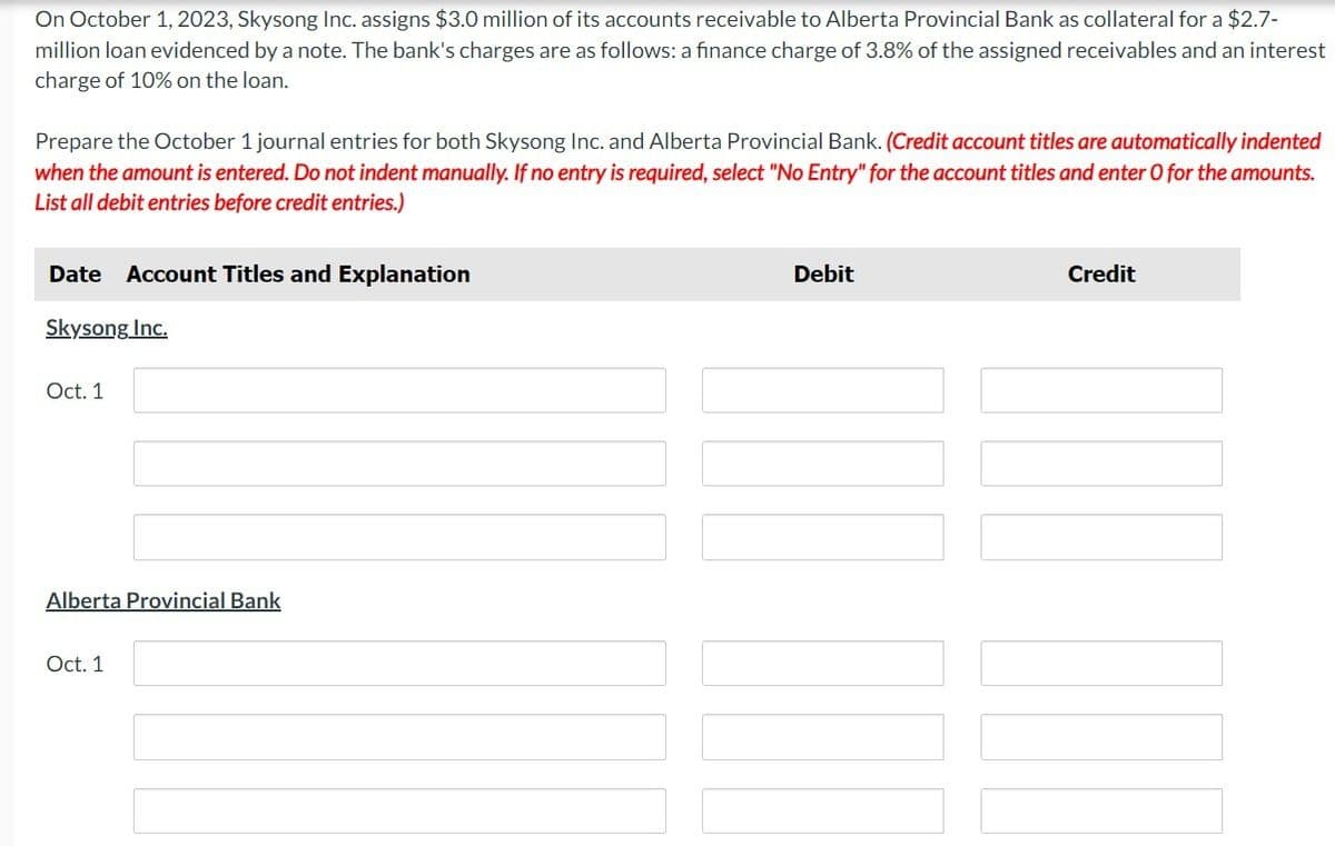 On October 1, 2023, Skysong Inc. assigns $3.0 million of its accounts receivable to Alberta Provincial Bank as collateral for a $2.7-
million loan evidenced by a note. The bank's charges are as follows: a finance charge of 3.8% of the assigned receivables and an interest
charge of 10% on the loan.
Prepare the October 1 journal entries for both Skysong Inc. and Alberta Provincial Bank. (Credit account titles are automatically indented
when the amount is entered. Do not indent manually. If no entry is required, select "No Entry" for the account titles and enter O for the amounts.
List all debit entries before credit entries.)
Date Account Titles and Explanation
Skysong Inc.
Oct. 1
Alberta Provincial Bank
Oct. 1
Debit
IN
Credit
COMU