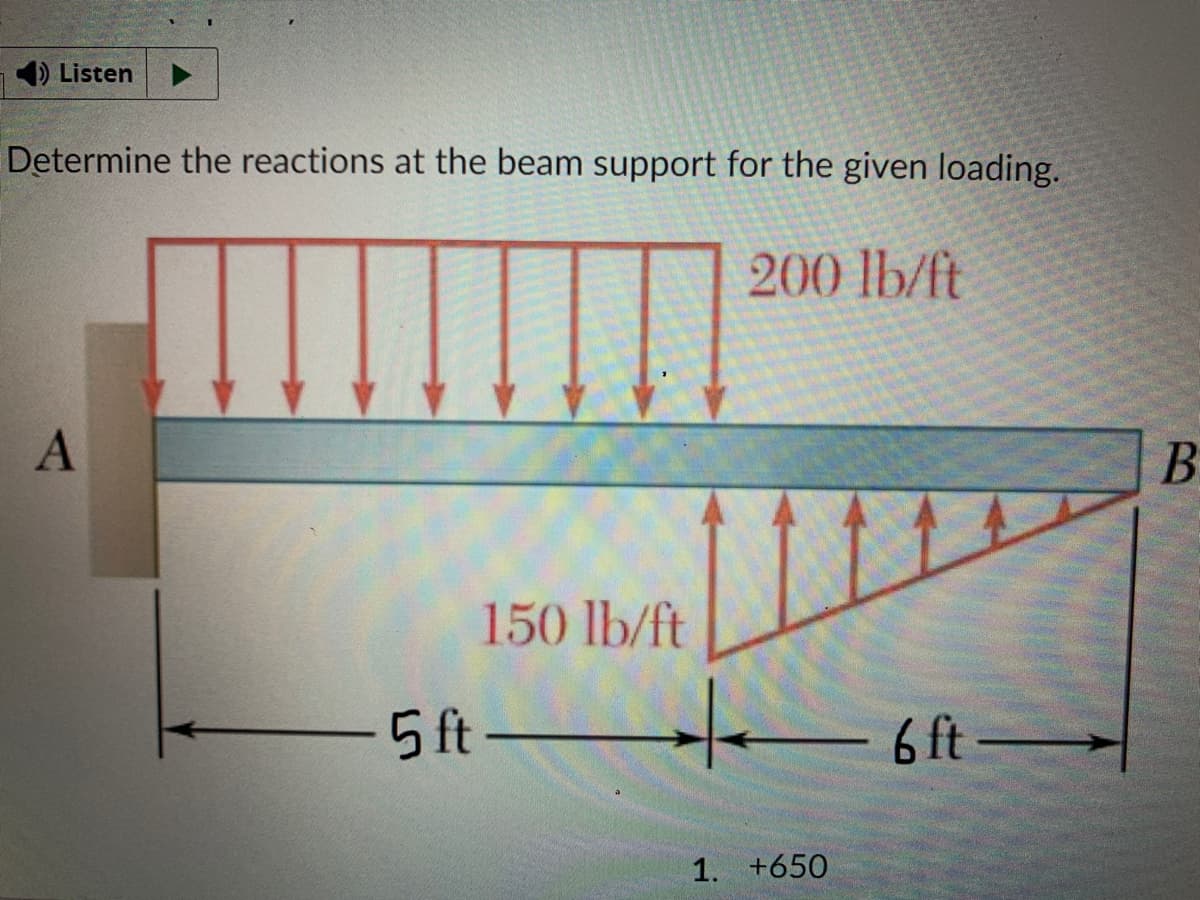 )Listen
Determine the reactions at the beam support for the given loading.
200 lb/ft
150 lb/ft
5 ft-
6 ft-
1. +650
