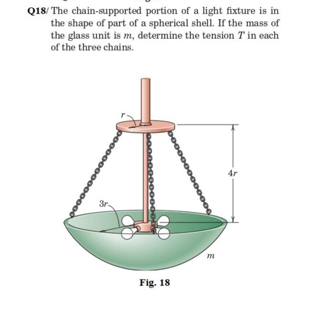 Q18/ The chain-supported portion of a light fixture is in
the shape of part of a spherical shell. If the mass of
the glass unit is m, determine the tension T in each
of the three chains.
4r
3r.
m
Fig. 18
poo
