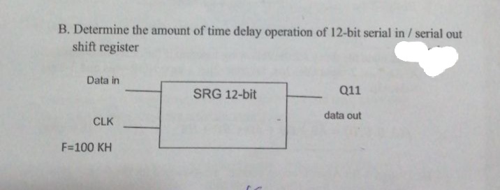 B. Determine the amount of time delay operation of 12-bit serial in / serial out
shift register
Data in
SRG 12-bit
Q11
data out
CLK
F=100 KH
