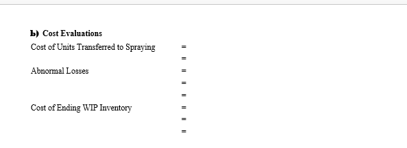 b) Cost Evaluations
Cost of Units Transferred to Spraying
Abnormal Losses
Cost of Ending WIP Inventory

