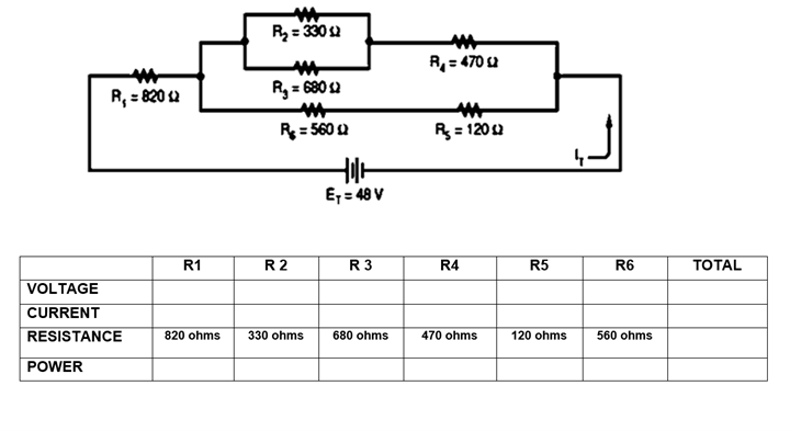 R= 3302
R= 470 2
R, = 820 2
R = 680 2
R= 560 2
R = 1202
E;= 48 V
R1
R2
R3
R4
R5
R6
TOTAL
VOLTAGE
CURRENT
RESISTANCE
820 ohms
330 ohms
680 ohms
470 ohms
120 ohms
560 ohms
POWER
