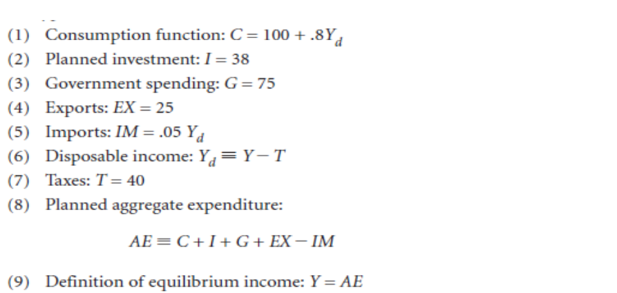 (1) Consumption function: C = 100 + .8Y,
(2) Planned investment:I= 38
(3) Government spending: G=75
(4) Exports: EX = 25
(5) Imports: IM = .05 Y4
(6) Disposable income: Y = Y- T
(7) Taxes: T= 40
%3D
(8) Planned aggregate expenditure:
AE = C+I+ G+ EX– IM
(9) Definition of equilibrium income: Y = AE
