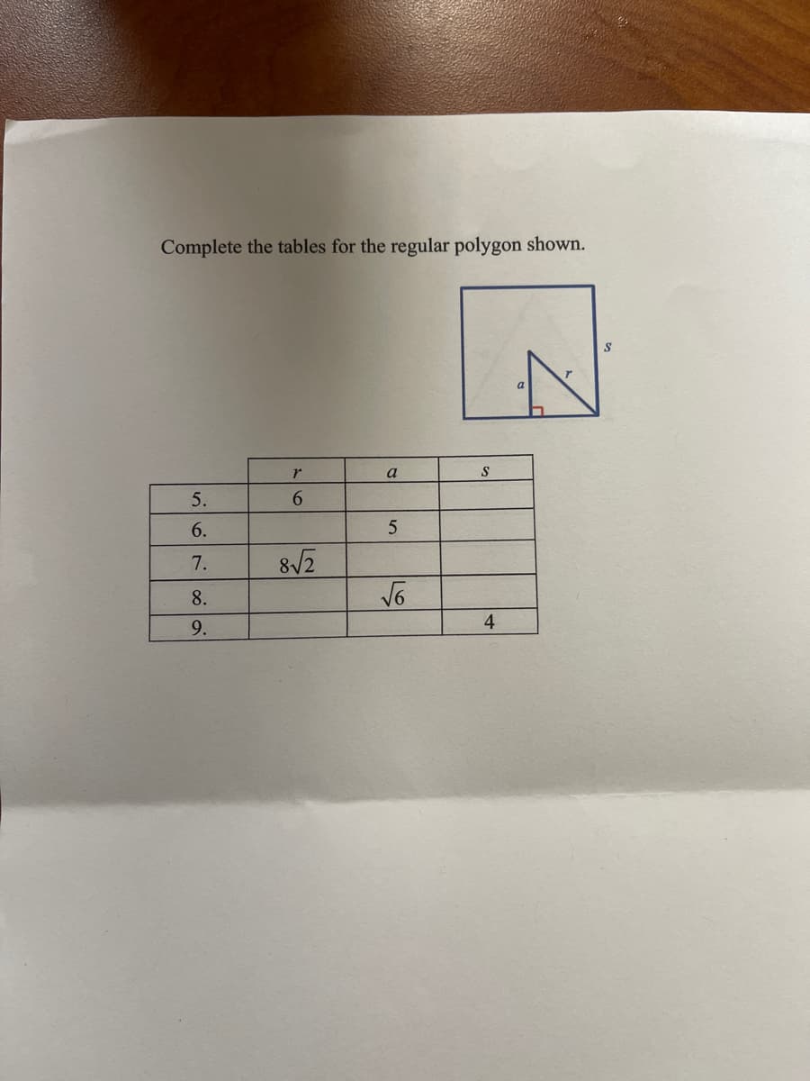 Complete the tables for the regular polygon shown.
r
a
S
5.
6.
6.
8/2
7.
8.
9.
4
