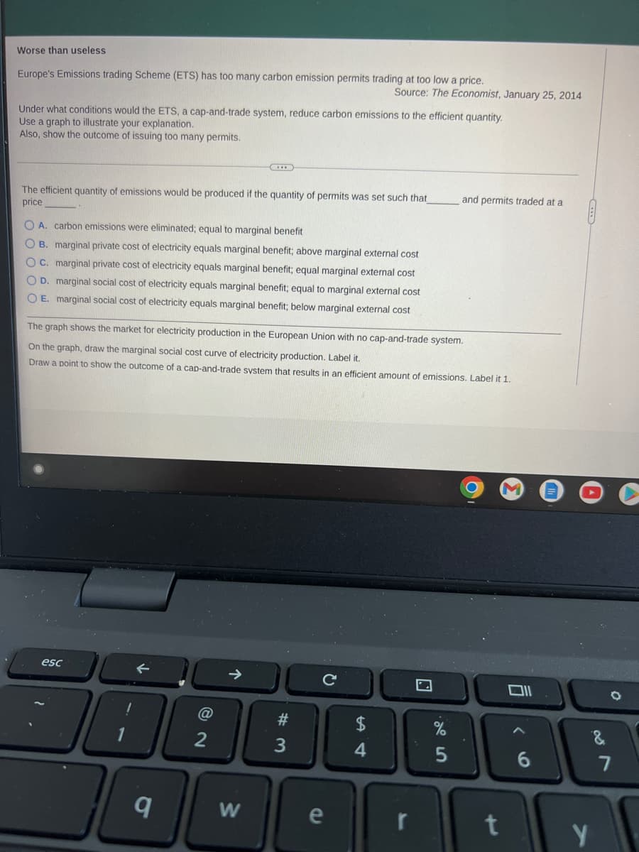 Worse than useless
Europe's Emissions trading Scheme (ETS) has too many carbon emission permits trading at too low a price.
Source: The Economist, January 25, 2014
Under what conditions would the ETS, a cap-and-trade system, reduce carbon emissions to the efficient quantity.
Use a graph to illustrate your explanation.
Also, show the outcome of issuing too many permits.
The efficient quantity of emissions would be produced if the quantity of permits was set such that_
price
O A. carbon emissions were eliminated; equal to marginal benefit
OB. marginal private cost of electricity equals marginal benefit; above marginal external cost
OC. marginal private cost of electricity equals marginal benefit; equal marginal external cost
OD. marginal social cost of electricity equals marginal benefit; equal to marginal external cost
OE. marginal social cost of electricity equals marginal benefit; below marginal external cost
The graph shows the market for electricity production in the European Union with no cap-and-trade system.
On the graph, draw the marginal social cost curve of electricity production. Label it.
Draw a point to show the outcome of a cap-and-trade system that results in an efficient amount of emissions. Label it 1.
esc
←
q
@
2
↑
W
# 3
e
54
r
7
and permits traded at a
5
t
Oll
6
&
Y
O
7