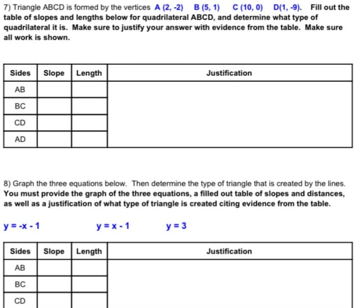 7) Triangle ABCD is formed by the vertices A (2, -2) B (5, 1) C (10, 0)
table of slopes and lengths below for quadrilateral ABCD, and determine what type of
quadrilateral it is. Make sure to justify your answer with evidence from the table. Make sure
D(1, -9). Fill out the
all work is shown.
Sides
Slope
Length
Justification
АВ
BC
CD
AD
8) Graph the three equations below. Then determine the type of triangle that is created by the lines.
You must provide the graph of the three equations, a filled out table of slopes and distances,
as well as a justification of what type of triangle is created citing evidence from the table.
y = -x - 1
y = x - 1
y = 3
Sides
Slope
Length
Justification
AB
BC
CD
