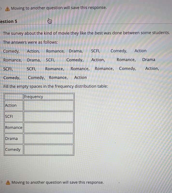 A Moving to another question will save this response.
estion 5
The survey about the kind of movie they like the best was done between some students.
The answers were as follows:
Comedy, Action, Romance, Drama,
SCFI,
Comedy,
Action
Romance, Drama, SCFI,
Comedy,
Action,
Romance,
Drama
SCFI,
SCFI,
Romance, Romance,
Romance,
Comedy, Action,
Comedy,
Comedy, Romance,
Action
Fill the empty spaces in the frequency distribution table:
frequency
Action
SCFI
Romance
Drama
Comedy
A Moving to another question will save this response.
