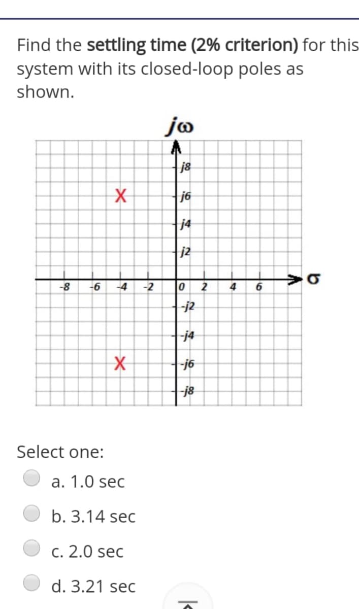 Find the settling time (2% criterion) for this
system with its closed-loop poles as
shown.
jo
j8
j6
j4
j2
-8
-6
-4
-2
2
4
-j2
-j4
-jó
Select one:
a. 1.0 sec
b. 3.14 sec
c. 2.0 sec
d. 3.21 sec
