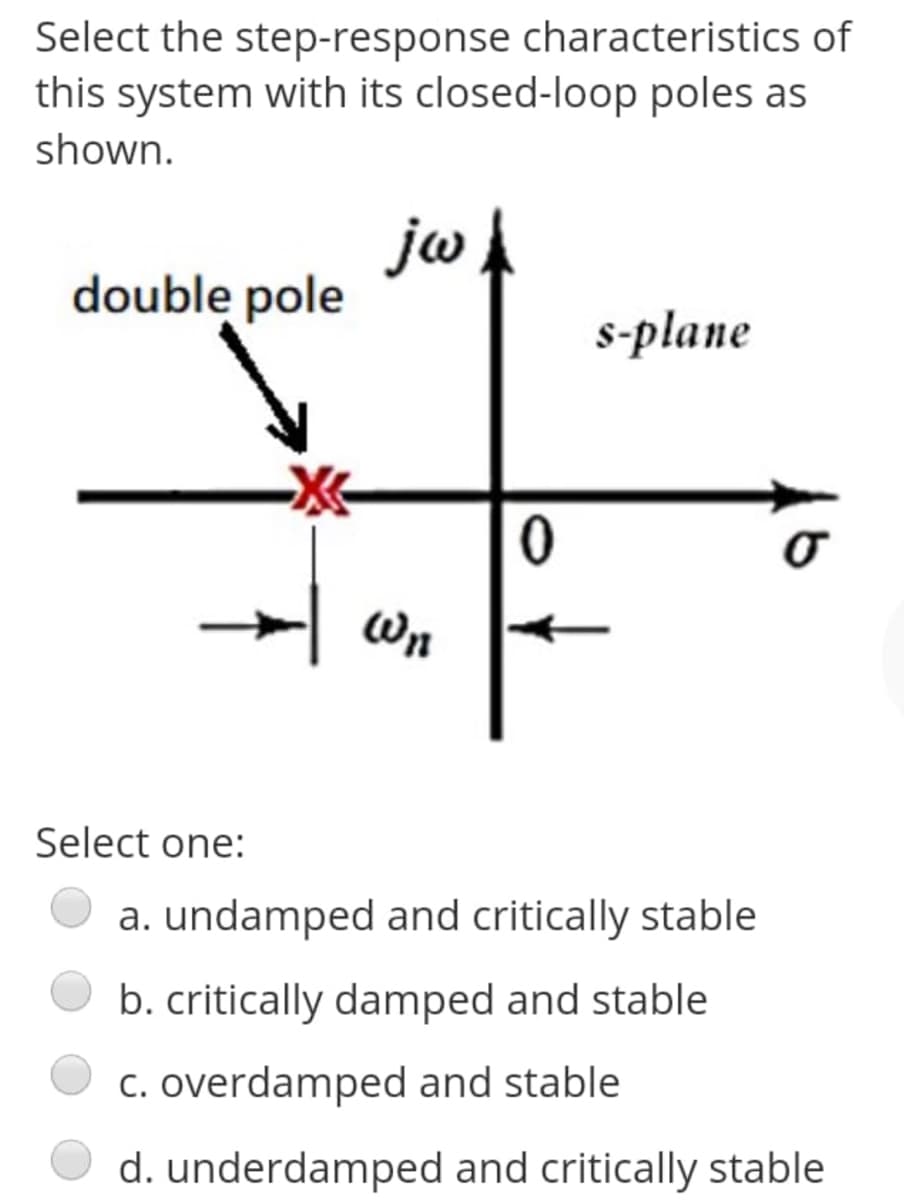 Select the step-response characteristics of
this system with its closed-loop poles as
shown.
jw
pole
double
s-plane
Wn
Select one:
a. undamped and critically stable
b. critically damped and stable
c. overdamped and stable
d. underdamped and critically stable
