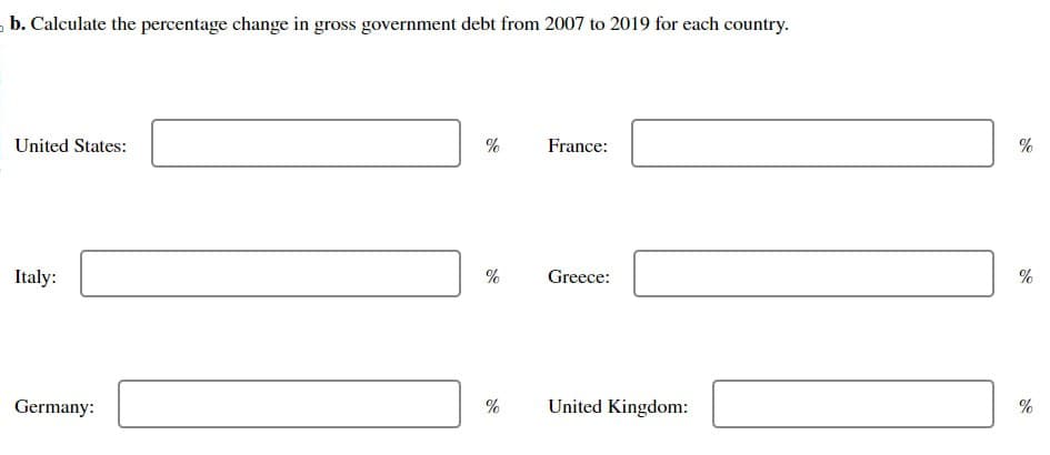 b. Calculate the percentage change in gross government debt from 2007 to 2019 for each country.
United States:
Italy:
Germany:
%
France:
%
Greece:
%
do
তার
%
do
%
United Kingdom:
%