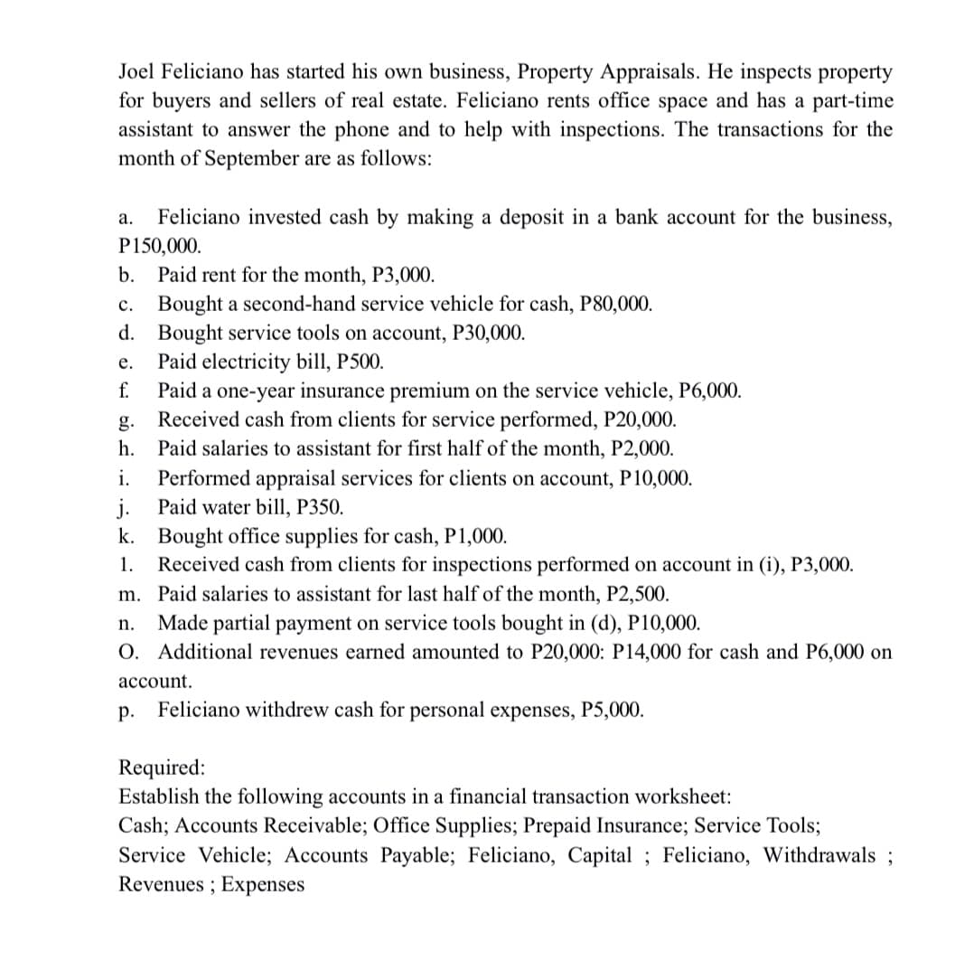 Joel Feliciano has started his own business, Property Appraisals. He inspects property
for buyers and sellers of real estate. Feliciano rents office space and has a part-time
assistant to answer the phone and to help with inspections. The transactions for the
month of September are as follows:
a.
Feliciano invested cash by making a deposit in a bank account for the business,
P150,000.
b.
Paid rent for the month, P3,000.
C. Bought a second-hand service vehicle for cash, P80,000.
d. Bought service tools on account, P30,000.
e.
Paid electricity bill, P500.
f.
g.
h.
i.
j.
Paid a one-year insurance premium on the service vehicle, P6,000.
Received cash from clients for service performed, P20,000.
Paid salaries to assistant for first half of the month, P2,000.
Performed appraisal services for clients on account, P10,000.
Paid water bill, P350.
k. Bought office supplies for cash, P1,000.
1.
Received cash from clients for inspections performed on account in (i), P3,000.
m. Paid salaries to assistant for last half of the month, P2,500.
n. Made partial payment on service tools bought in (d), P10,000.
O. Additional revenues earned amounted to P20,000: P14,000 for cash and P6,000 on
account.
p.
Feliciano withdrew cash for personal expenses, P5,000.
Required:
Establish the following accounts in a financial transaction worksheet:
Cash; Accounts Receivable; Office Supplies; Prepaid Insurance; Service Tools;
Service Vehicle; Accounts Payable; Feliciano, Capital; Feliciano, Withdrawals ;
Revenues; Expenses