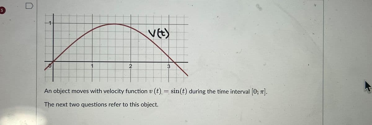 5
1
2
v(t)
3
An object moves with velocity function v (t) = sin(t) during the time interval [0; π].
The next two questions refer to this object.