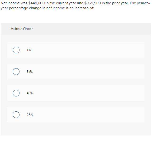 Net income was $448,600 in the current year and $365,500 in the prior year. The year-to-
year percentage change in net income is an increase of:
Multiple Choice
19%.
81%.
49%.
23%.
