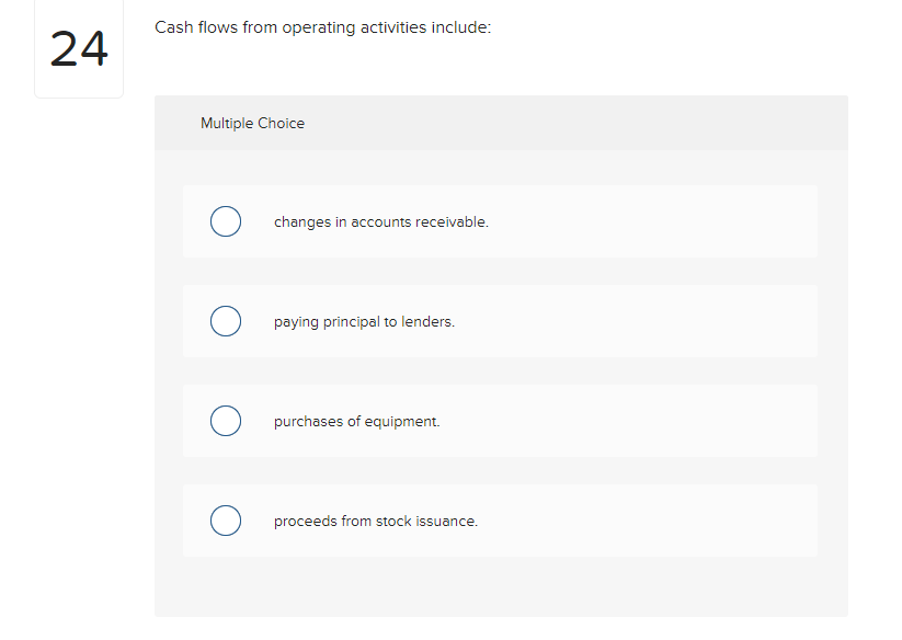 Cash flows from operating activities include:
24
Multiple Choice
changes in accounts receivable.
paying principal to lenders.
purchases of equipment.
proceeds from stock issuance.
