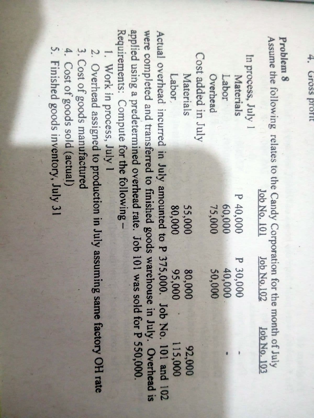 4. Gross profit
Problem 8
Assume the following relates to the Candy Corporation for the month of July
Job No. 101
Job No.102
Job No. 103
In process, July 1
Materials
Labor
P 40,000
60,000
75,000
P 30,000
40,000
50,000
Overhead
Cost added in July
92,000
115,000
Materials
55,000
80,000
80,000
95,000
Labor,
Actual overhead incurred in July amounted to P 375,000. Job No. 101 and 102
were completed and transferred to finished goods warehouse in July. Overhead is
applied using a predetermined overhead rate. Job 101 was sold for P 550,000.
Requirements: Compute for the following -
1. Work in process, July 1
2. Overhead assigned to production in July assuming same factory OH rate
3. Cost of goods manufactured
4. Cost of goods sold (actual)
5. Finished goods inventory, July 31
