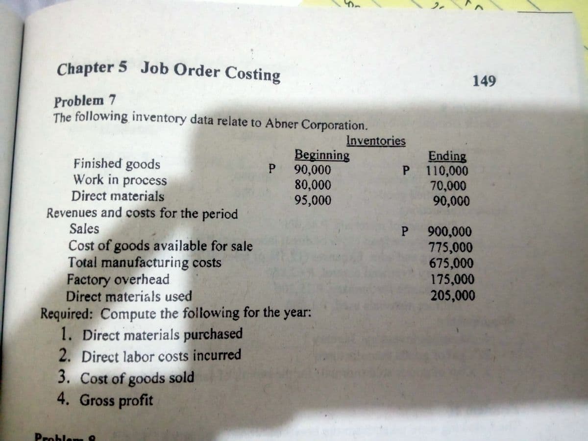 Chapter 5 Job Order Costing
Chapter 5
Job Order Costing
149
Problem 7
The following inventory data relate to Abner Corporation.
Inventories
Finished goods
Work in process
Direct materials
Revenues and costs for the period
Beginning
P 90,000
80,000
95,000
Ending
P 110,000
70,000
90,000
Sales
Cost of goods available for sale
Total manufacturing costs
Factory overhead
Direct materials used
Required: Compute the following for the year:
1. Direct materials purchased
P 900,000
775,000
675,000
175,000
205,000
2. Direct labor costs incurred
3. Cost of goods sold
4. Gross profit
Problem
