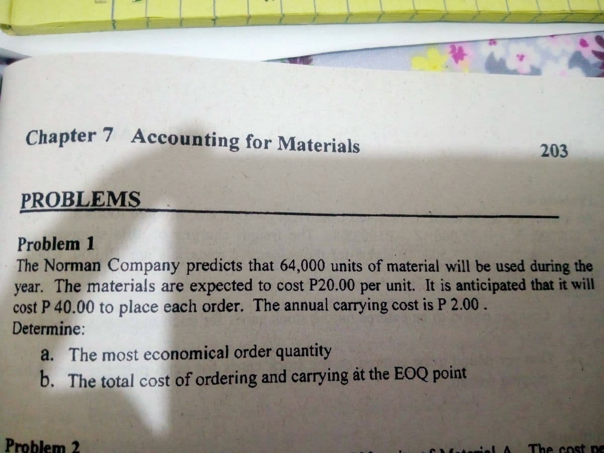 Chapter 7 Accounting for Materials
203
PROBLEMS
Problem 1
The Norman Company predicts that 64,000 units of material will be used during the
year. The materials are expected to cost P20.00 per unit. It is anticipated that it will
cost P 40.00 to place each order. The annual carrying cost is P 2.00.
Determine:
a. The most economical order quantity
b. The total cost of ordering and carrying at the EOQ point
Problem 2
The cost pE
SMaterielA
