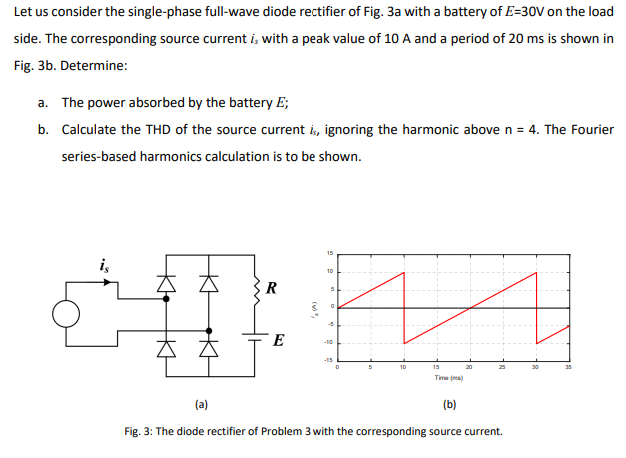 Let us consider the single-phase full-wave diode rectifier of Fig. 3a with a battery of E=30V on the load
side. The corresponding source current i, with a peak value of 10 A and a period of 20 ms is shown in
Fig. 3b. Determine:
a. The power absorbed by the battery E;
b. Calculate the THD of the source current i, ignoring the harmonic above n = 4. The Fourier
series-based harmonics calculation is to be shown.
15
i,
10
本 本
-10
-15
10
15
20
Time (ma)
(a)
(b)
Fig. 3: The diode rectifier of Problem 3 with the corresponding source current.
(",
