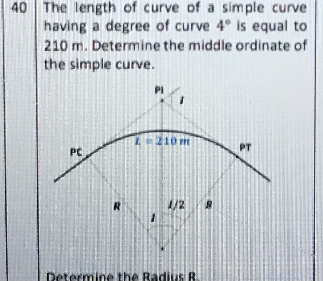 40 The length of curve of a simple curve
having a degree of curve 4° is equal to
210 m. Determine the middle ordinate of
the simple curve.
PI
210 m
PT
PC
R
1/2
Determine the Radius R.
