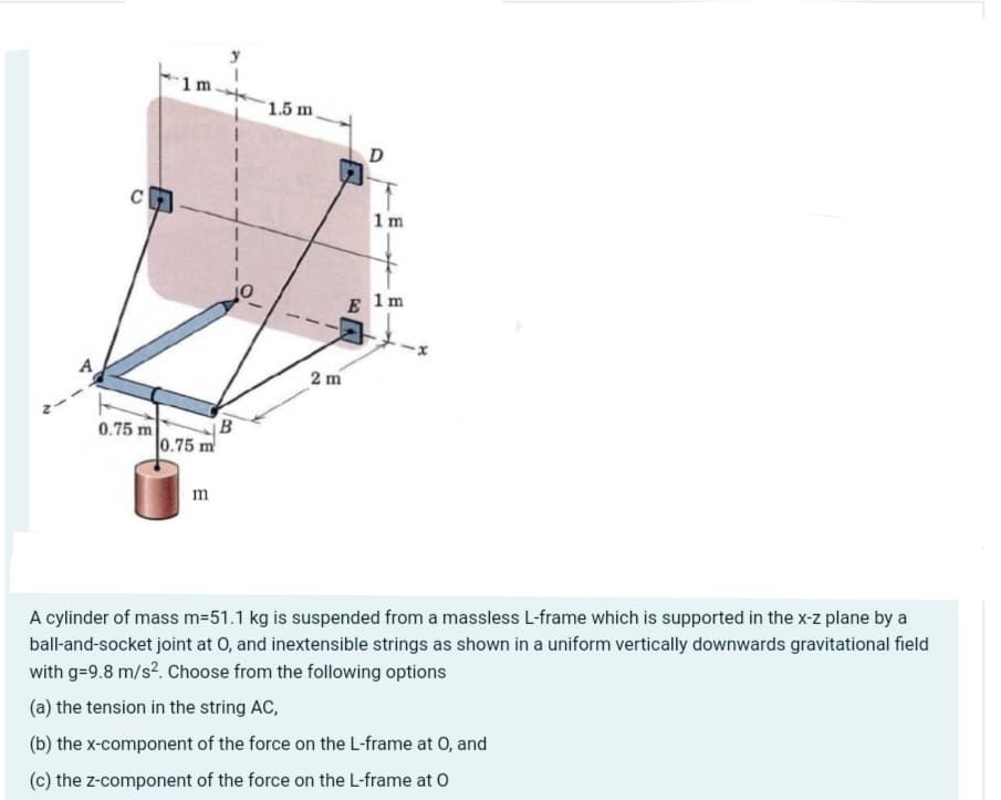 1m
1.5 m
D
C
1m
1m
E
A
2 m
0.75 m
B
0.75 m
m
A cylinder of mass m=51.1 kg is suspended from a massless L-frame which is supported in the x-z plane by a
ball-and-socket joint at 0, and inextensible strings as shown in a uniform vertically downwards gravitational field
with g=9.8 m/s?. Choose from the following options
(a) the tension in the string AC,
(b) the x-component of the force on the L-frame at O, and
(c) the z-component of the force on the L-frame at O
