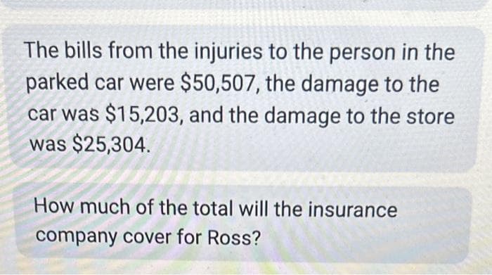 The bills from the injuries to the person in the
parked car were $50,507, the damage to the
car was $15,203, and the damage to the store
was $25,304.
How much of the total will the insurance
company cover for Ross?