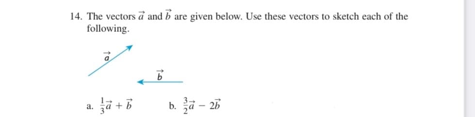 14. The vectors a and b are given below. Use these vectors to sketch each of the
following.
za + b
b. a - 26
a.