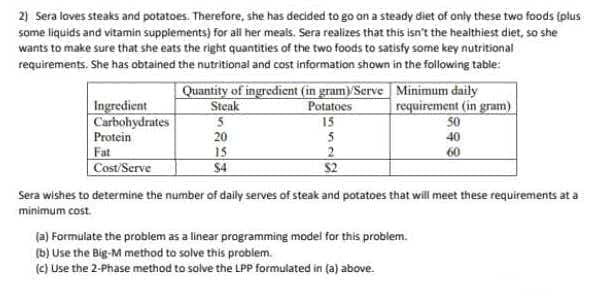 2) Sera loves steaks and potatoes. Therefore, she has decided to go on a steady diet of only these two foods (plus
some liquids and vitamin supplements) for all her meals. Sera realizes that this isn't the healthiest diet, so she
wants to make sure that she eats the right quantities of the two foods to satisfy some key nutritional
requirements. She has obtained the nutritional and cost information shown in the following table:
Quantity of ingredient (in gram) Serve | Minimum daily
Potatoes
15
5
2
$2
Steak
requirement (in gram)
Ingredient
Carbohydrates
Protein
50
40
20
Fat
Cost/Serve
15
$4
60
Sera wishes to determine the number of daily serves of steak and potatoes that will meet these requirements at a
minimum cost.
(a) Formulate the problem as a linear programming model for this problem.
(b) Use the Big-M method to solve this problem.
(C) Use the 2-Phase method to solve the LPp formulated in (a) above.
