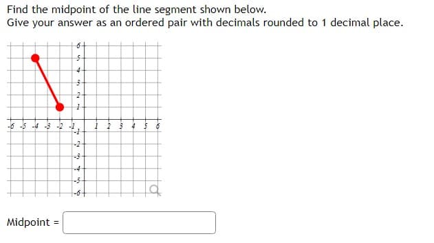 Find the midpoint of the line segment shown below.
Give your answer as an ordered pair with decimals rounded to 1 decimal place.
up
-6 -5 -4 -3 -2
4
-2
-4
Midpoint =
