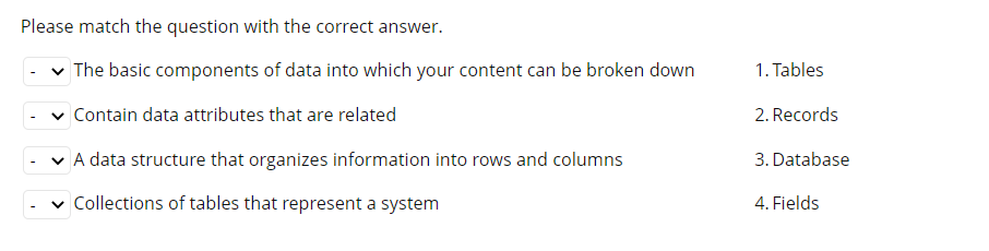 Please match the question with the correct answer.
v The basic components of data into which your content can be broken down
1. Tables
v Contain data attributes that are related
2. Records
v A data structure that organizes information into rows and columns
3. Database
v Collections of tables that represent a system
4. Fields
